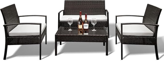 Outvita 4 Pieces Patio Furniture Set, Rattan Conversation Sets with Loveseat Soft Cushion and Glass Table for Garden Backyard Balcony Porch Poolside(Black) - LeafyLoom