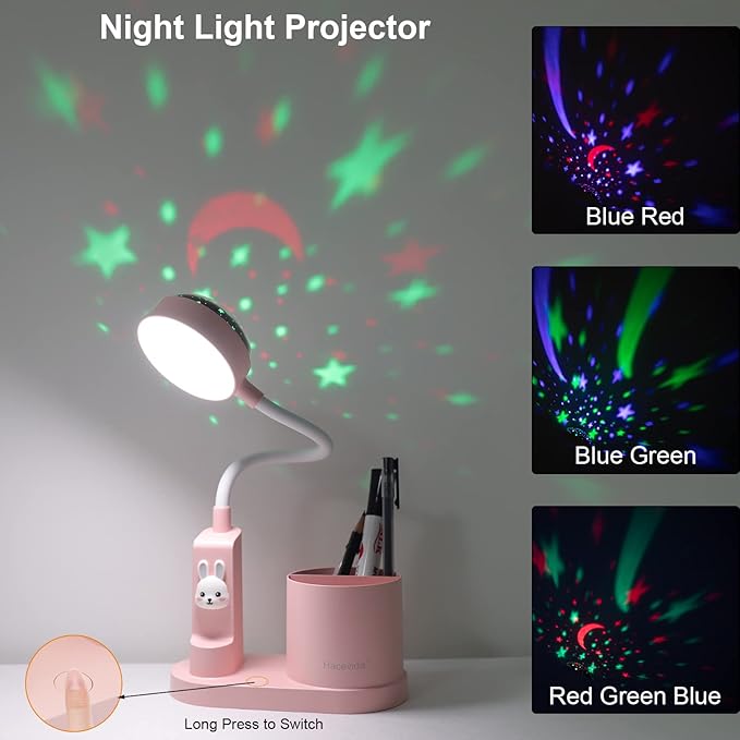 Cute Kids Desk Lamp 2000mAh Rechargeable Kawaii Desk Lamp with Star Projection/Pen Holder, Aesthetic Kids Bedside Lamp with Flexible Gooseneck/ 3 Level Brightness/Eye-Caring for Reading, Pink - LeafyLoom