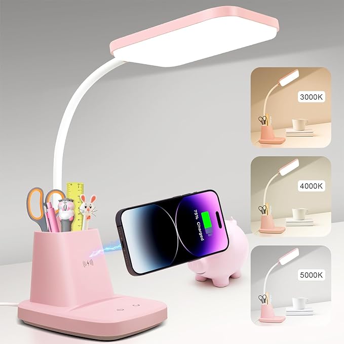 Sailstar Cute Desk Lamp, Pink Small Desk Lamp with Pen Holder, Wireless Charger LED Desk Lamps for Home Office, Kids Desk Lamp 800LM Gooseneck 3 Modes Dimmable Touch, Study Lamp for College Dorm Room - LeafyLoom