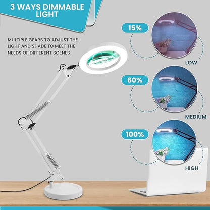 Magnifying Glass with Light and Stand - 2-in-1 Stepless Dimmable LED Magnifying Desk Lamp with Clamp - 3 Color Modes Lighted Magnifier Lens Swivel Arm Light for Reading, Craft, Close Works - LeafyLoom