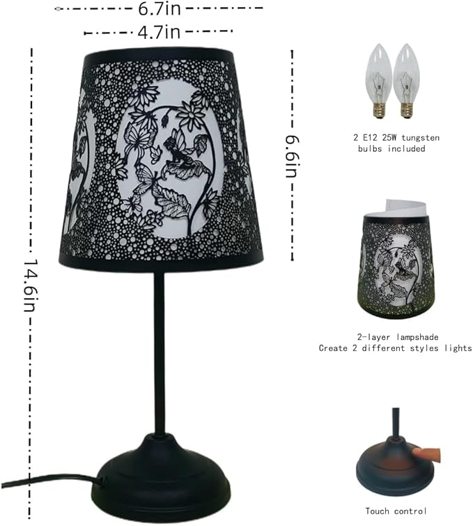 Flower Fairy Touch Lamp with Dimmable Touch Switch,Black Metal Cutout Shade, Flower Fairy Decoration Desk Lamp - LeafyLoom