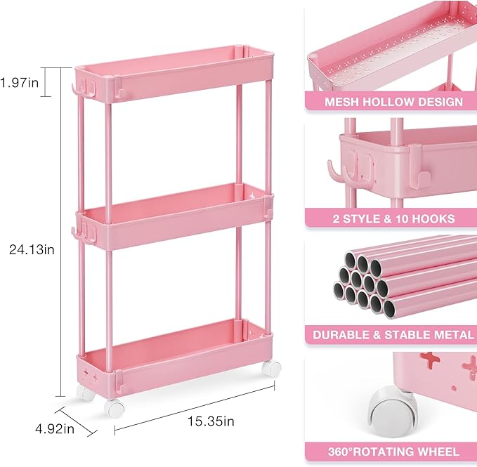 TOOLF Slim Rolling Storage Cart, 3 Tier Utility Cart on Wheels with Hooks, Bathroom Rolling Cart Organizer, Thin Mobile Shelving Unit for Laundry Kitchen Dorm for Nursery Diaper Craft Snack, Pink - LeafyLoom