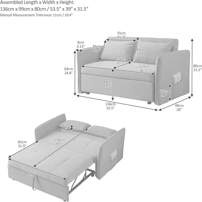 3-in-1 Multi-Functional Convertible Sofa, Chenille Sleeper Couch Pull-Out Bed, Loveseat Chaise Lounge with Adjustable Armrest and Reclining Backrest for Living Room, Small Space, Pink 53.5" - LeafyLoom