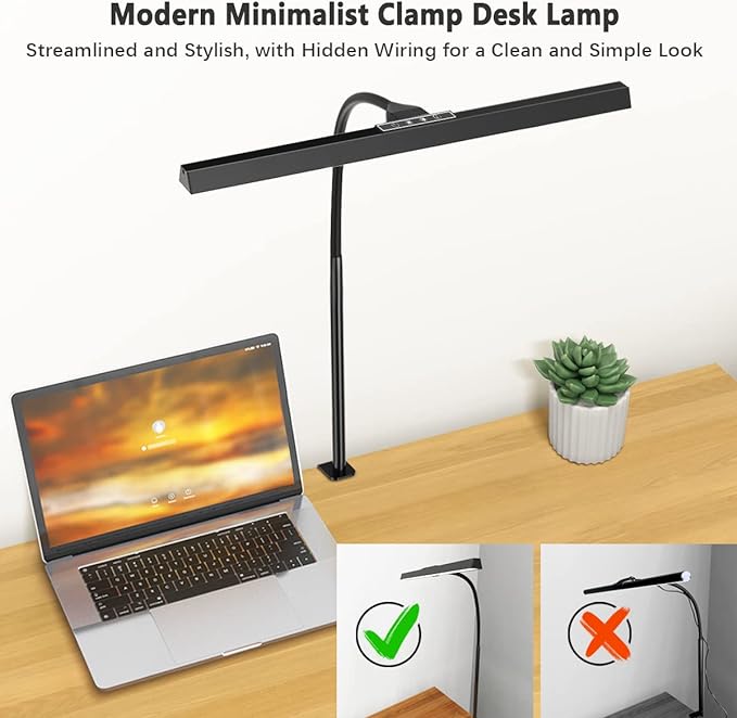 Hapfish LED Desk Lamp for Home Office with Charger - 12W Desk Light Bar, 25 Lighting Modes, Eye-Caring Modern Flexible Gooseneck Clamp Table Lamps for Office Study Monitor Workbench - LeafyLoom