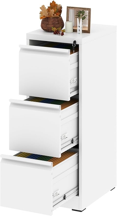 Vertical File Cabinet with Drawer, 3 Drawer File Cabinet with Lock, Filing Cabinets for Home Office, Hanging Files for A4/ Legal/Letter, White - LeafyLoom