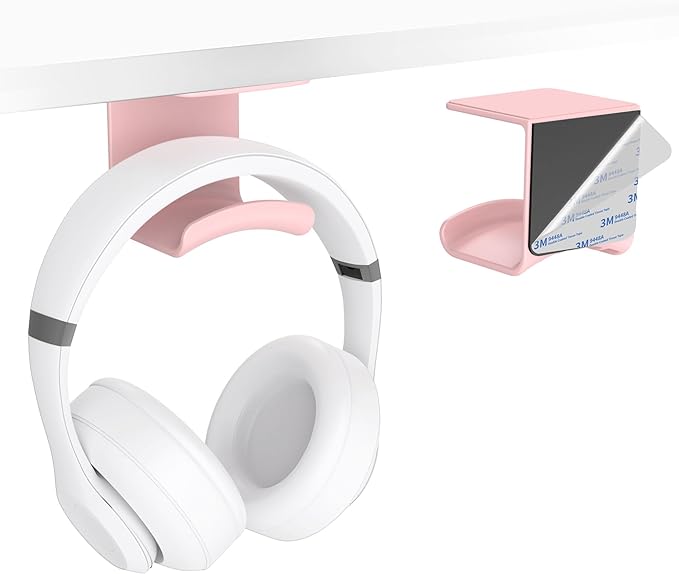 HomeMount Headphone Hook Under Desk - Headphone Holder Under Table, Adhesive Gaming Headphone Stand Hanger Desk Mount for Most Headphone (Pink) - LeafyLoom