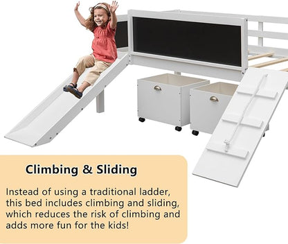 Twin Size Low Loft Bed with Slide and 2 Storage Boxes,Kids Low Loft Bed Frame with Climbing and Chalkboard,Solid Loft Bed Twin for Boys,Girls,White - LeafyLoom