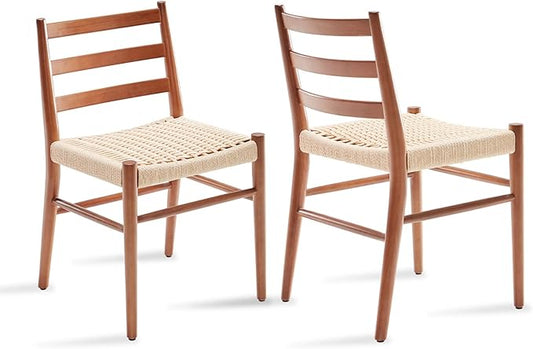 STARY Wood Rattan Dining Room Chairs Comfortable Woven Seat, Fully assembled, Walnut - Set of 2 - LeafyLoom