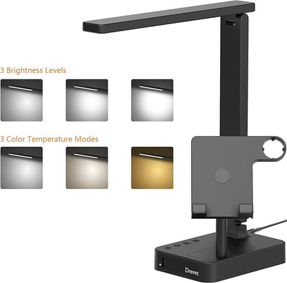 Drevet 3 in 1 LED Desk Table Lamp with Cell Phone Holder and Apple Watch Charger Stand, Eye-Caring Foldable Desk Light with USB Charging Port, 3 Level Brightness, Memory Function, Touch Control, Black - LeafyLoom