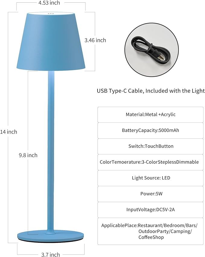 Cordless Rechargeable Table Lamp Set of 2, 5000mAh Battery Powered LED Desk Lamps, 3 Color Stepless Dimming Up, Portable Table Light Lamp for Bedroom Restaurant Outdoor (Sky Blue) - LeafyLoom