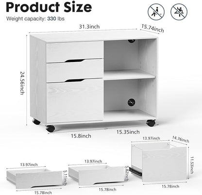 OLIXIS 3 Drawer File Cabinet Lateral Printer Stand with Adjustable Storage Shelves for Home Office Small Space, White - LeafyLoom