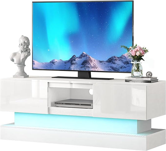 White TV Stand Modern - TV Stands with Led Lights and Storage Drawers for TVs up to 55 Inch - Gaming TV Entertainment Stand for Living Room, Bedroom - LeafyLoom