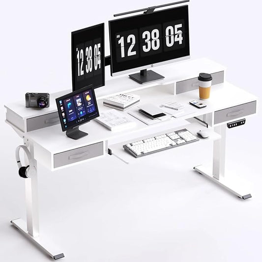 Electric Standing Desk, Multifunctional Standing Desk Adjustable Height, 55 * 24 Standing Desk with 4 Drawers, Ergonomic Adjustable Standing Desk with Keyboard Tray, Snow White - LeafyLoom