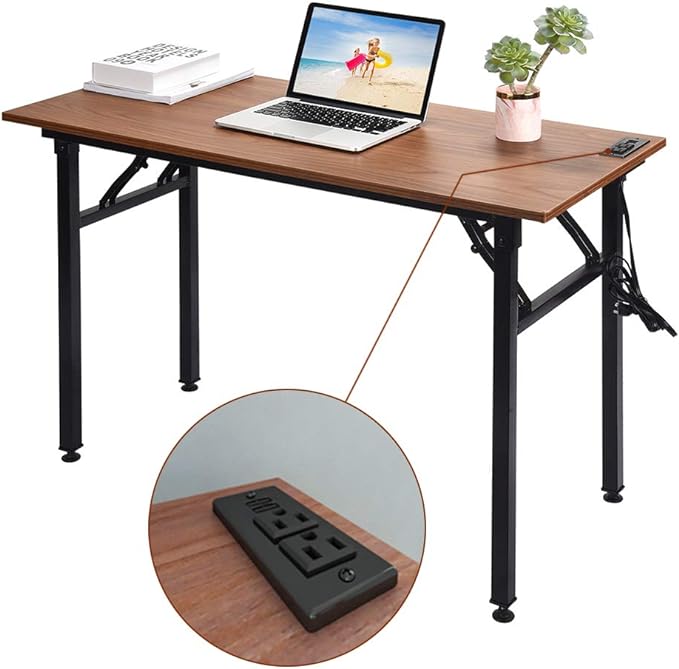 Frylr Folding Computer Desk with Plugs & USB Ports, Home Office Desks Foldable 43.3x19.6x29.5 Inch Study Table for Student Writing Desk for PC/Laptop, No Installation, Walnut + Black Leg - LeafyLoom