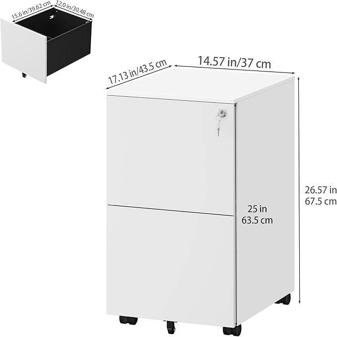 YITAHOME 2-Drawer Mobile File Cabinet with Lock, 18.9” Deep Office Filing Cabinet for Legal/Letter, Pre-Assembled Vertical Metal File Cabinet Except Wheels Under Desk White - LeafyLoom