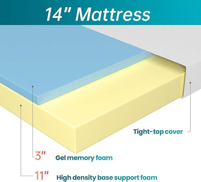 FDW 14 inch Gel Memory Foam Mattress Medium Firm Mattresses for Cool Sleep Relieving No Fiberglass CertiPUR-US Certified Mattress in a Box,Twin - LeafyLoom