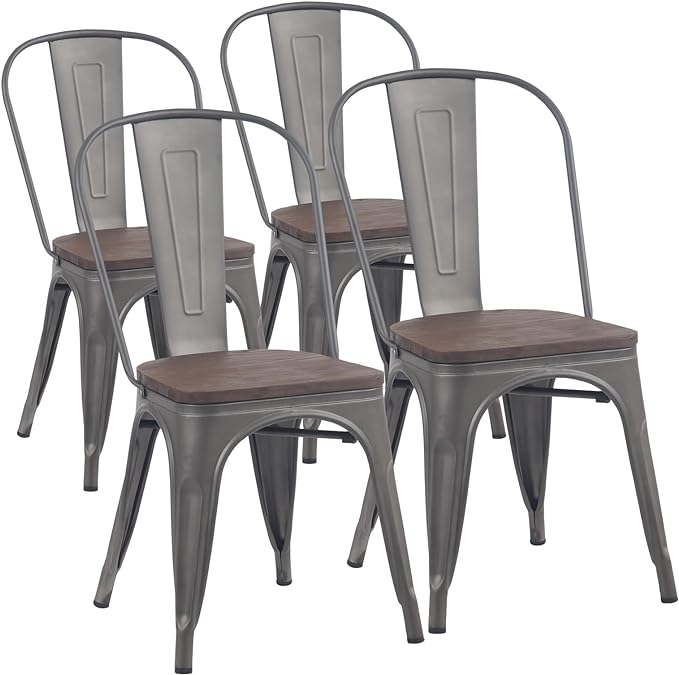 YOUNIKE Metal Dining Chairs Set of 4 Iron Stackable Removable Back Wood Seat Patio Chairs Rubber Feet Stylish Modern Indoor Outdoor Classic Chic Industrial Vintage Bistro Kitchen Rusty Grey - LeafyLoom