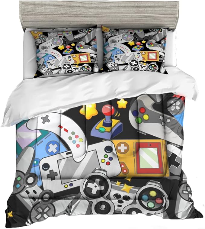 Sunnycitron Gaming Comforter for Boys Teen Gamer Comforter Queen Size Gaming Bedding Kids Bed Comforter set Boys Bedding quilt Down Alternative Comforter Game Room Decor,1 Comforter +2Pillowcase - LeafyLoom