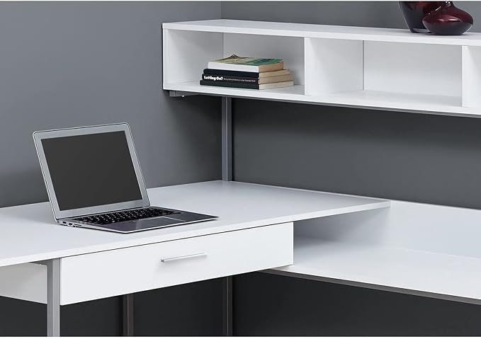 Monarch Specialties Workstation for Home & Office with Multiple Shelves and Drawer L-Shaped Corner Desk with Hutch, 60" L, White/Silver Frame - LeafyLoom