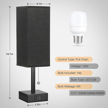 Black Small Table Lamp for Bedroom - 3 Color Temperature 3000K 5000K 4000K Bedside Lamp, Pull Chain Control, USB A and C Charging Ports, Black Base, for Kids Office Dorm Nightstand, Bulb Included - LeafyLoom