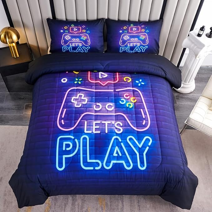 Teen Boy Comforter Set Queen,Kids Comforter Set for Boys,Gamer Bedding Sets for Boys,Boys Queen Bedding Set,Gaming Comforter Sets Including 1 Gaming Comforter&2 Pillowcases - LeafyLoom