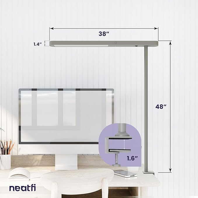 Neatfi 5200 High-Lumens Premium LED Desk Lamp - Ultrabright Light, Clamp-on, 40W, 4000K Color Temperature, Adjustable Head - Ideal for Home Office and Study (38 Inches, Gray) - LeafyLoom