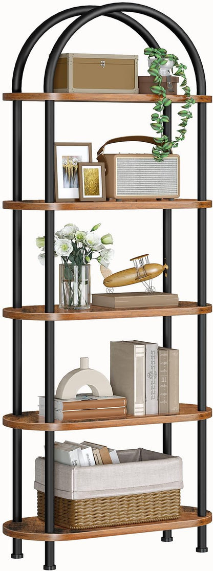 HOOBRO 5 Tier Open Bookshelf, Industrial Arched Bookcase Display Shelf Racks, Wooden Bookcase Storage Shelves Metal Frame, Tall Storage Organizer for Home, Easy Assembly, Rustic Brown BF176SJ01 - LeafyLoom