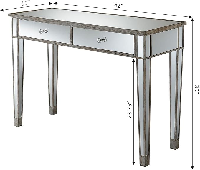 Convenience Concepts Gold Coast Mirrored Desk 42" - Console Table with 2 Drawers for Storage in Living Room, Office, Weathered White/Mirror - LeafyLoom