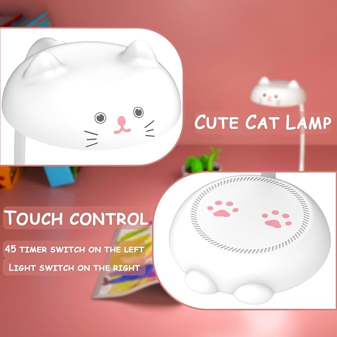 Cute Small Desk Lamp for Kids, Eye-caring Desk Light LED Reading Lamp, 3 Color Dimmable & 45min Timer, Battery Powered Cordless Lamp Rechargeable, Flexible Gooseneck Battery Operated Table Lamp, Cat - LeafyLoom