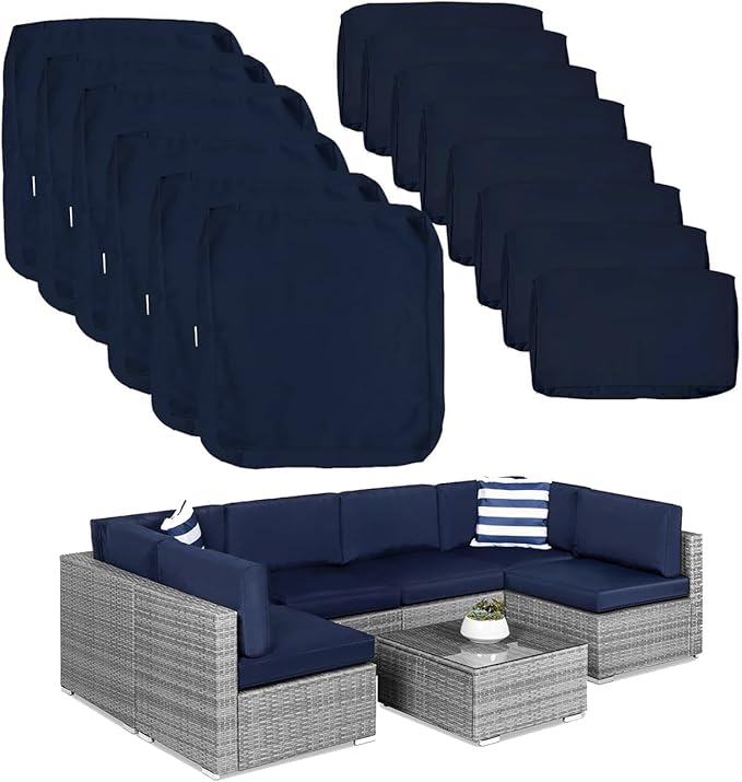 ClawsCover 14Pack Outdoor Patio Seat and Back Cushions Replacement Covers Fit for 7Pieces 6-Seater Wicker Rattan Sectional Couch Chair Furniture Set,Navy-Include Cover Only (Small) - LeafyLoom