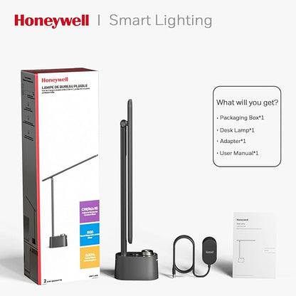 Honeywell Sunturalux™ LED Desk Lamp with USB Charging Ports HWT-H01 - Stepless Dimmable Eye Caring Desk Light for Home Office Bedroom Bedside College Dorm, Foldable Table Lamp Reading Lamp Black - LeafyLoom