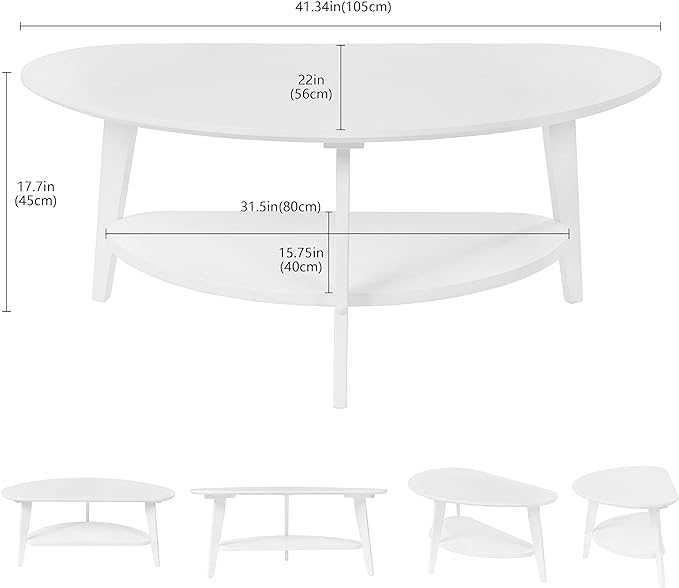 Mid Century Modern Coffee Table with Storage Shelf, Large Oval Coffee Table for Living Room 41.5" W x 22'' D x 18 H 100% Solid Wood Table for House Apt Desktop Thickness 0.8'' Super Sturdy - LeafyLoom