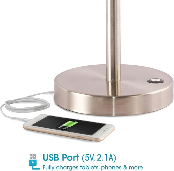 OttLite Harmonize LED Desk Lamp - 2.1A USB Charging Port, 3 Brightness Settings, Brushed Nickel - LeafyLoom