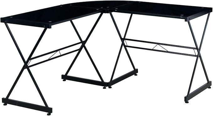 Techni Mobili RTA-3805L-BK L-Shaped Glass Computer Desk, Black, 51" D x 51" W x 29" H - LeafyLoom