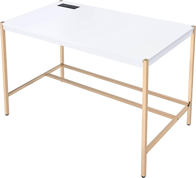 Acme Midriaks Wooden Top Writing Desk with USB Port in White and Gold - LeafyLoom