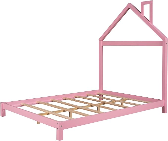 Jintop Full Size Wood Platform Chimney and House-Shaped Headboard,Bedroom Furniture Bed Frame W/ 10 Slat Support,Easy to Install,for Teens Kids Girls Boys,Pink - LeafyLoom