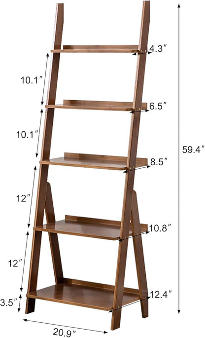 Bookshelf & Ladder Shelf &Storage Rack & Multipurpose Bamboo Organizer Shelves Furniture for Home Office, Living Room, Kitchen, Office 5 Tier （Brown） - LeafyLoom