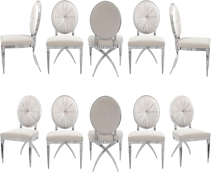 ACEDÉCOR Dining Chairs, White Velvet Dining Room Chairs with Silver Mirrored Base, Glam White Kitchen Chairs for Dining Room, Kitchen, Living Room (Set of 10) - LeafyLoom