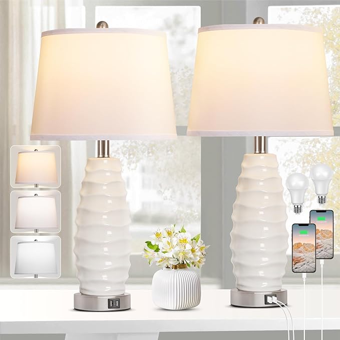 QiMH White Table Lamp Set of 2, 26" Farmhouse Bedside Lamps for Bedroom with USB Port, Modern Ceramic Lamp with White Shade Nightstand Living Room Decor, LED Bulb Included - LeafyLoom