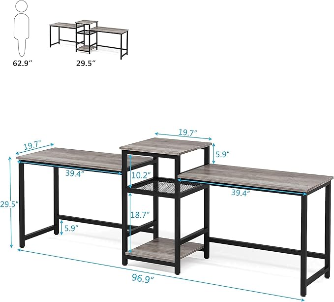 Tribesigns Extra Long Two Person Desk with Storage Shelves, 96.9 inch Double Computer Desks with Printer Shelf for 2 People, Rustic Writing Desk Workstation for Home Office - LeafyLoom