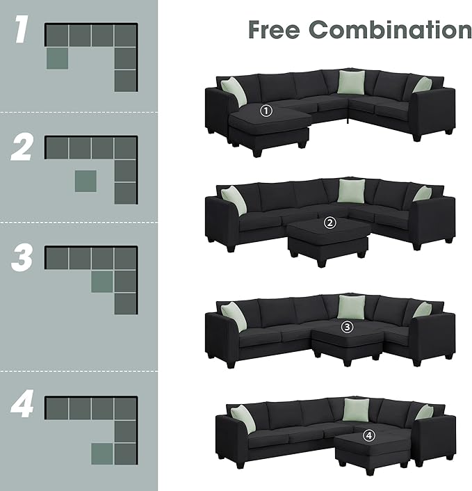 Modern Large U Sectional Sofa, 7 Seat with Movable Ottoman, L Shape Corner Couch for Living Room Furniture Sets Apartment,Office, E-Black - LeafyLoom