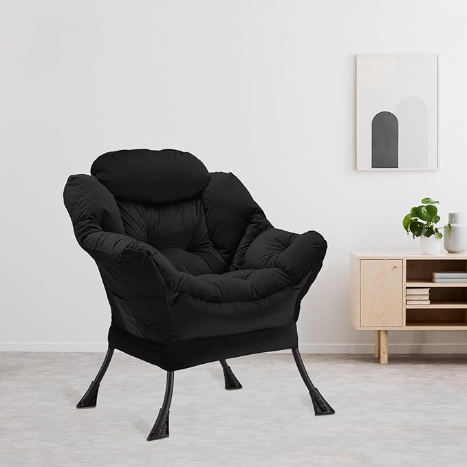 Lazy Chair Thick Padded, Accent Chair Velvet Upholstered with Wide Seat, Stable Metal Frame and Non-Slip Pad, Modern Sofa Armchair with Side Storage Bag for Dorm, Room, Office, Black - LeafyLoom