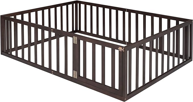 Multifunctional Full Size Floor Bed with Safety Guardrails and Door, Montessori Sturdy Solid Wood Beds Frame, Easy Assembly and No Spring Need, for Boys and Girls Room, Walnut - LeafyLoom