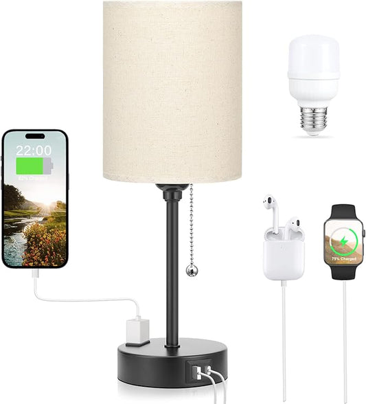 Beige Small Lamps 3 Levels Brightness - 2700K 3500K 5000K Bedside Lamps with USB C and A Ports, Pull Chain Table Lamps with AC Outlet, Nightstand Lamps with Black Metal Base for Bedroom Kids Reading - LeafyLoom