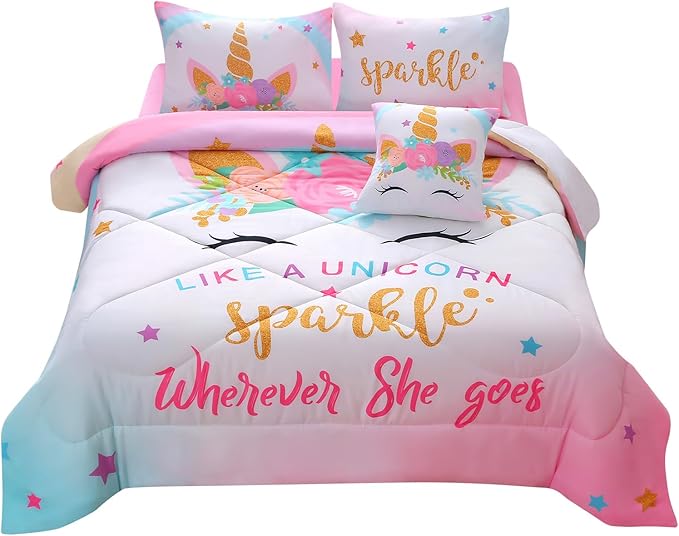 JQinHome Unicorn Twin Bedding Sets for Girls Kids,6 Piece Bed in A Bag 3D Colorful Flower Girl Unicorn Comforter Set with Sheet Set(Sparkle) - LeafyLoom