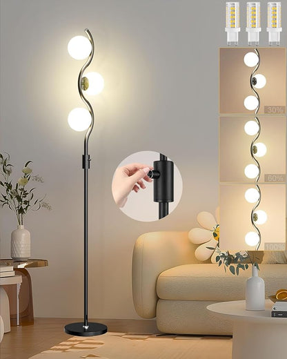 Lightdot 60IN Dimmable (Brightness Adjustable) Black Floor Lamp, Mid Century Standing Lamps with 3 Globe Soft Warm White Eye Care 3000K Bulbs Included, Modern Tall Lamp for Bedroom Office - LeafyLoom