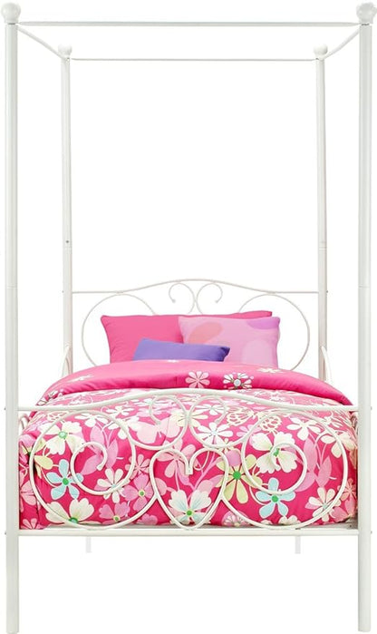 DHP Metal Canopy Kids Platform Bed with Four Poster Design, Scrollwork Headboard and Footboard, Underbed Storage Space, No Box Sring Needed, Twin, White - LeafyLoom