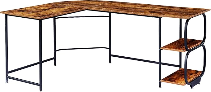 Anivia 68.9" Reversible L Shaped Desk with Storage Shelves - Corner Computer Desks Gaming Table Workstation for Home Office, Writing, Study, Caramel Brown - LeafyLoom