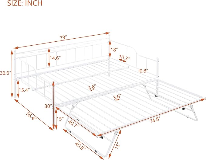 Full Daybed with Trundle Bed Twin, Metal Day Bed Frame with Pop Up Trundle, Metal Sofa Bed with Portable Folding Trundle for Bedroom, Living Room, Guest Room, Home, No Box Spring Needed, White - LeafyLoom