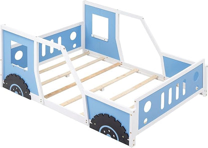 Full Size Classic Race Car Bed Platform Bed with Car Head,Wheels and Tail,Wood Bed Frame W/Slatted Rail Supports,Doors & Windows,for Kids Boys Girls Teens,Blue - LeafyLoom